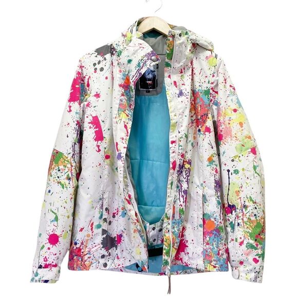GSOU Snow 10K Waterproof Ski Snowboard Jacket White Paint Splatter Size Large - Picture 4 of 15